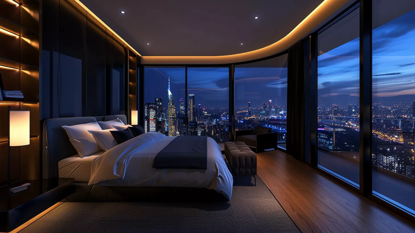 غرفة نوم فندقية بتصميم عصري، سرير كينغ، إضاءة هادئة، وإطلالة بانورامية مدهشة